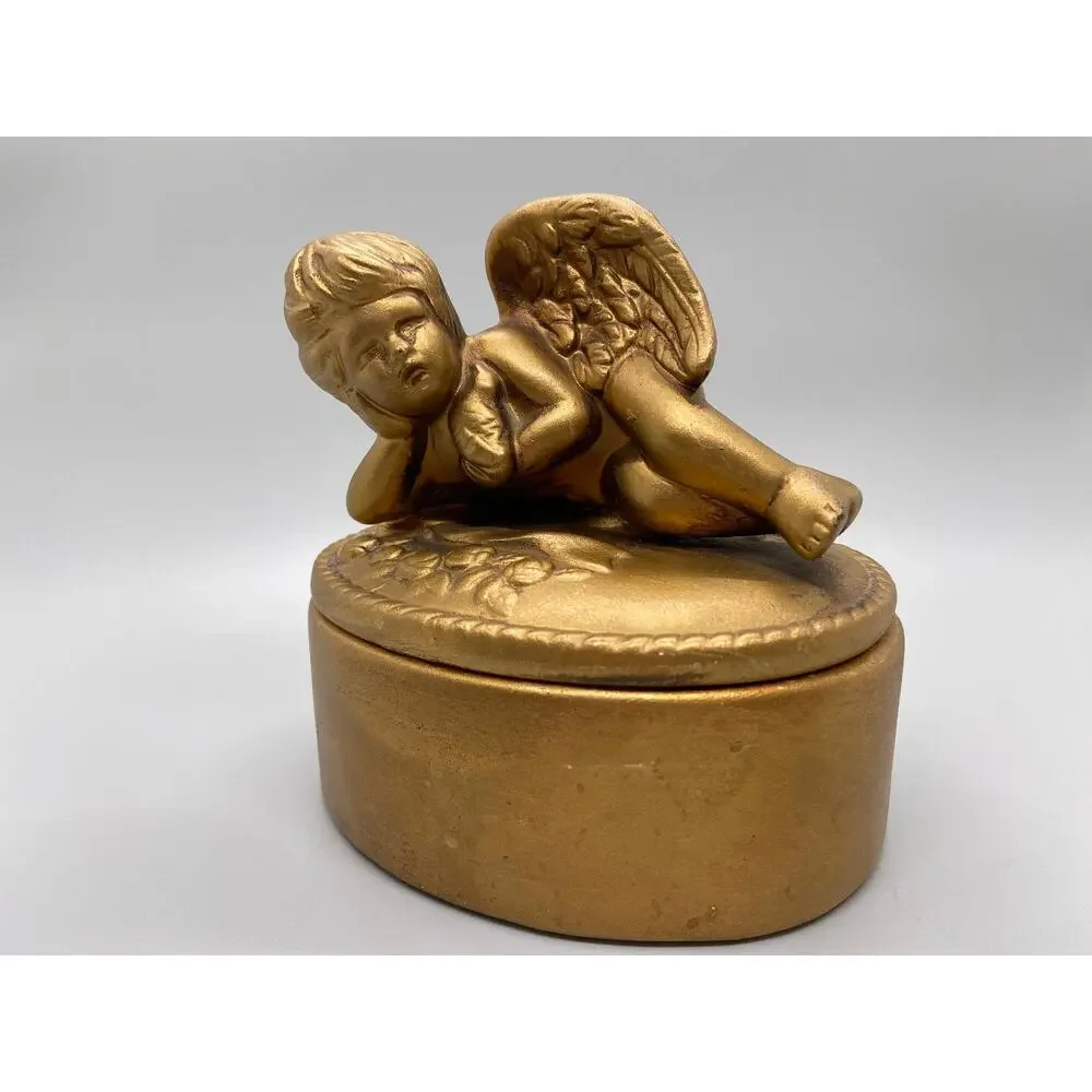Vintage Ceramic Gold Toned Angel Cherub Trinket Box Jewelry Box Valentines Day